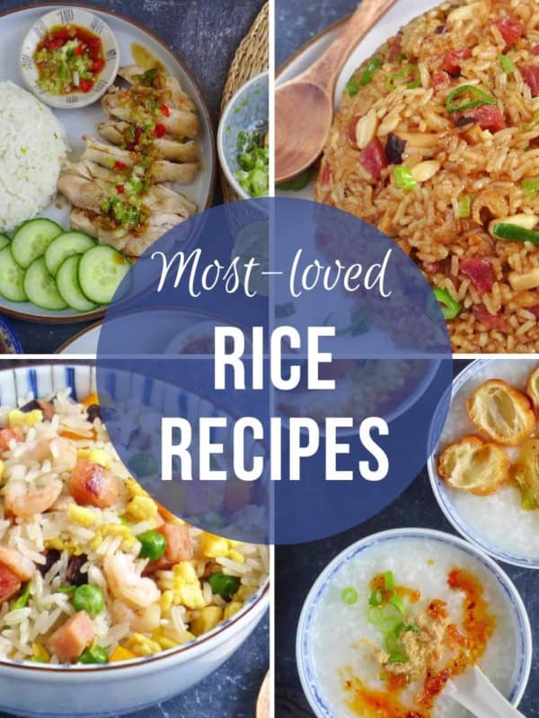 Four dishes with overlay text that says most-loved rice recipes.