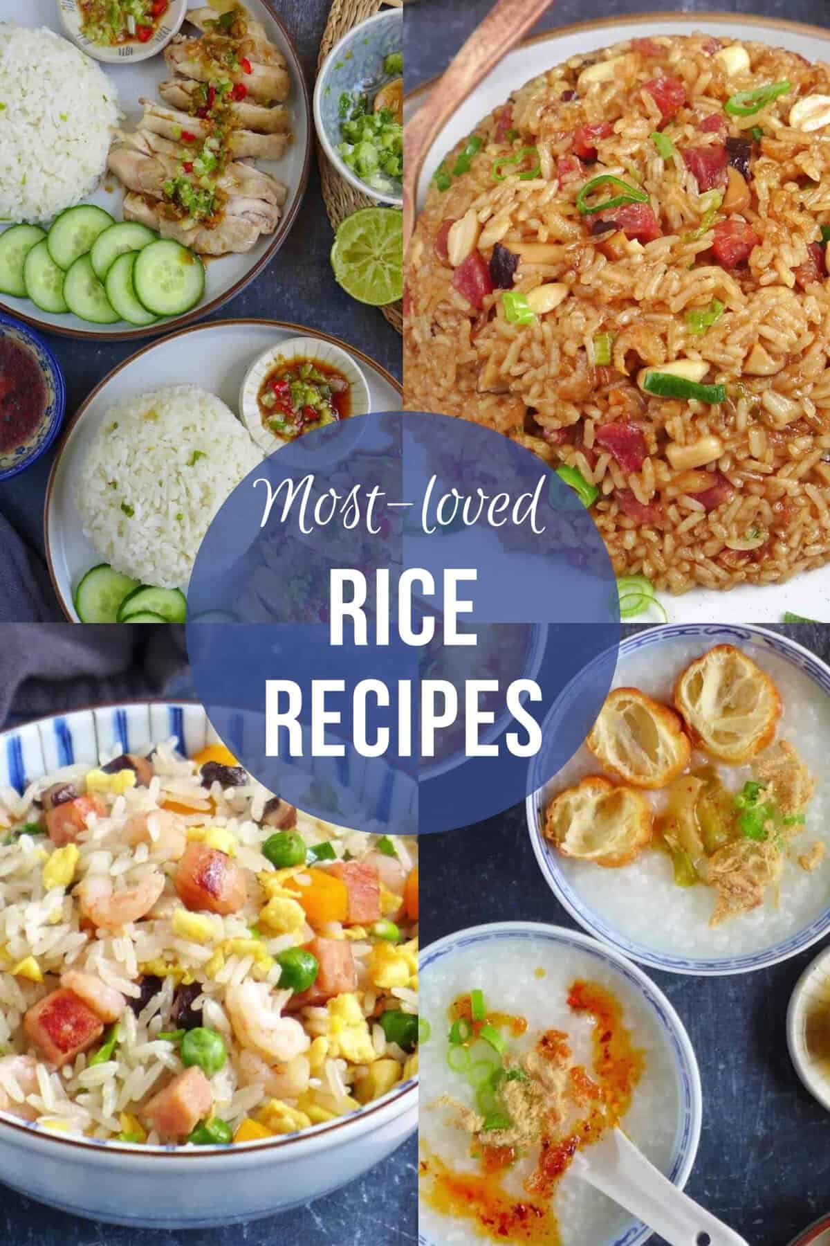 Four dishes with overlay text that says most-loved rice recipes.