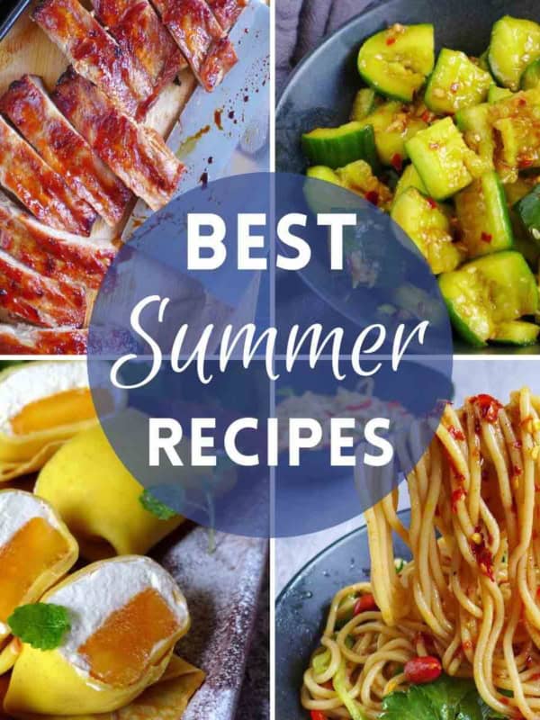 a collage of four summer dishes.