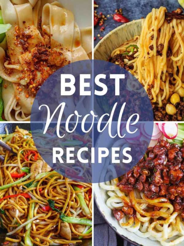 A collage of four noodle dishes with overlay text that says best noodle recipes.