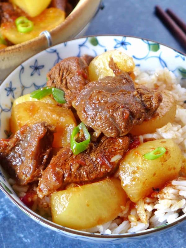 braised beef with daikon over steamed rice.