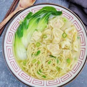 a bowl of wonton noodle soup with bok choy.
