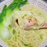 a half-eaten wonton held by a spoon.