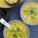 two bowls of soup with overlay text that says chicken corn soup.