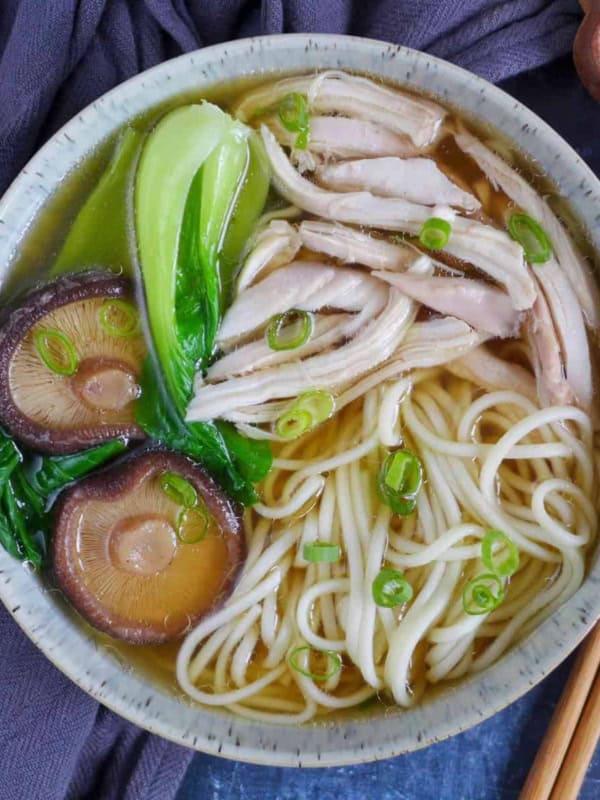 A bowl of chicken noodle soup.