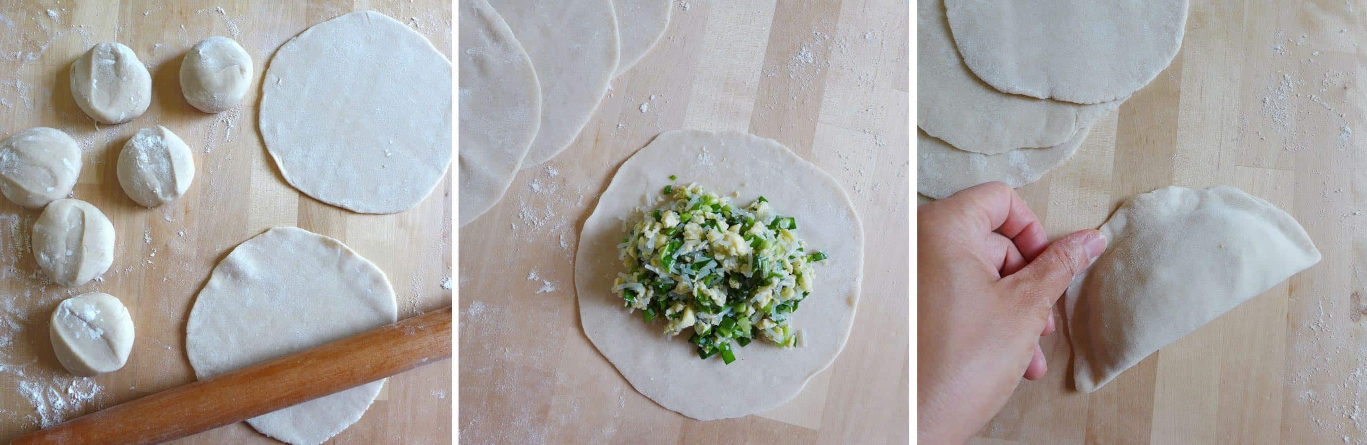 Roll dumpling wrappers and stuff them