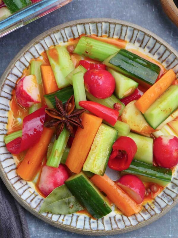 a plate of Chinese overnight pickled vegetables.