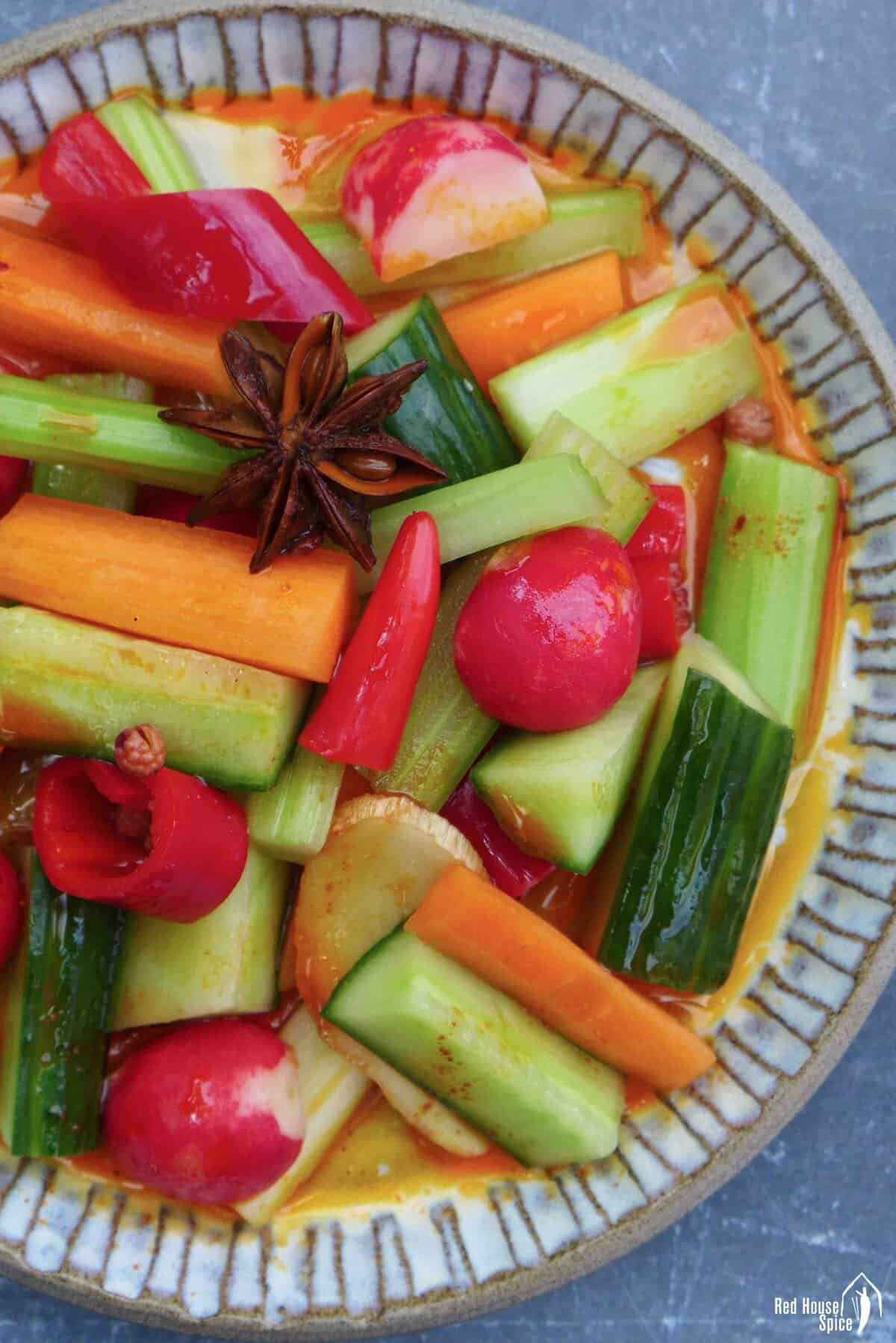 a plate of Chinese overnight pickled vegetables.