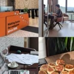 a collage of images: publishing house, writing at desk, laptop and paper on desk and pan-fried bao buns.