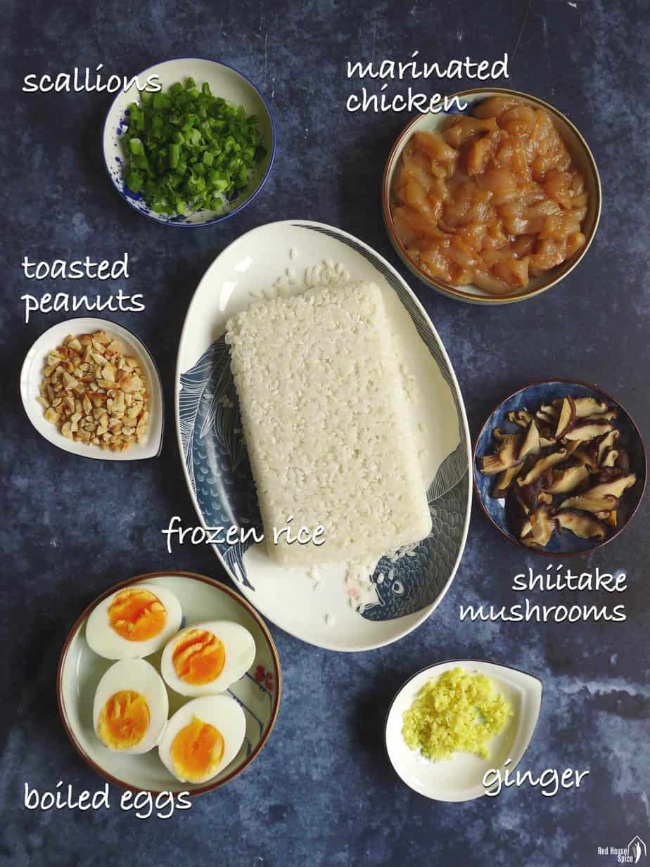 Ingredients for making congee with chicken and mushroom