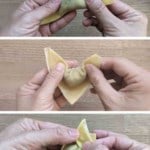 collage of three photos showing how to fold a wonton.