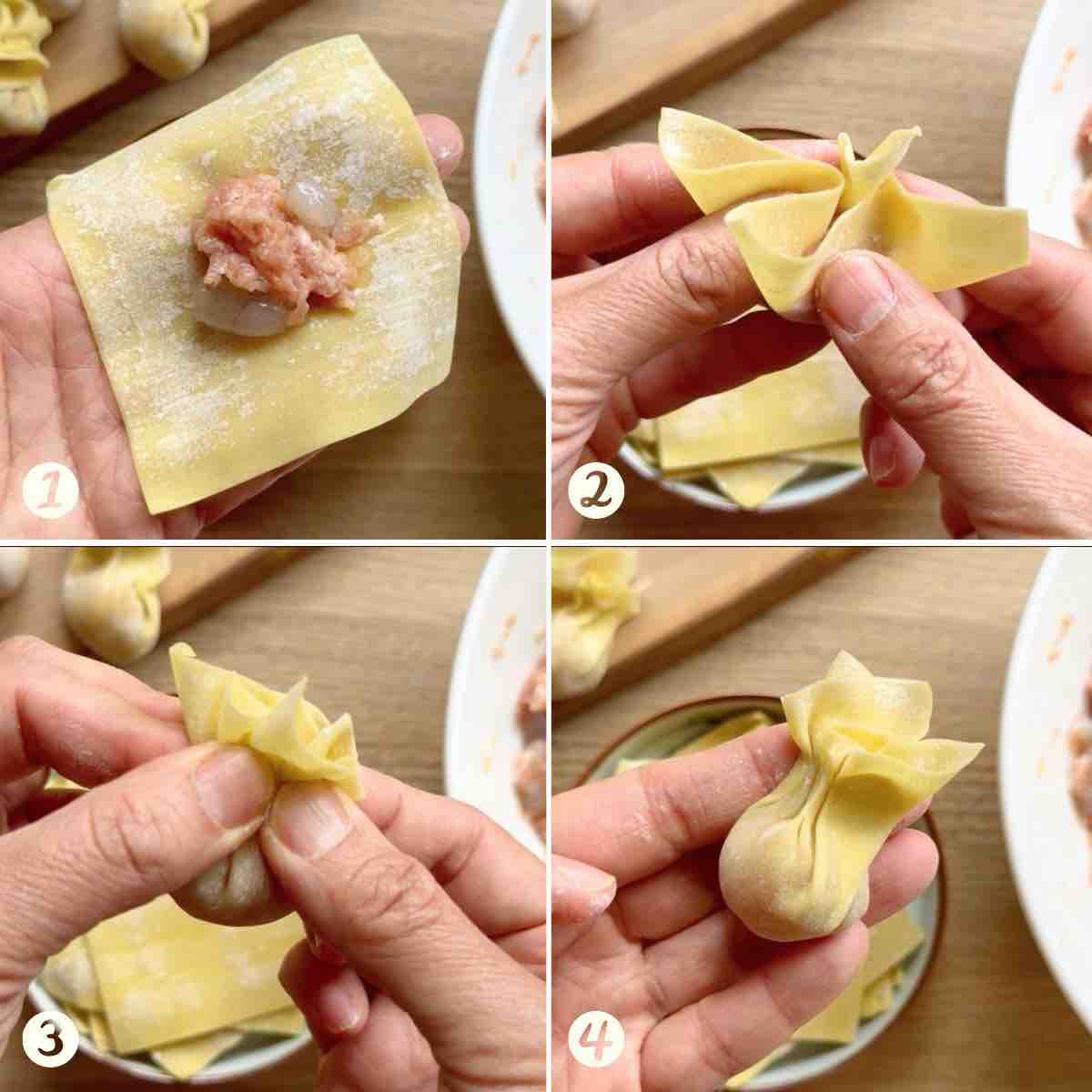 four-steps showing how to fold a wonton.