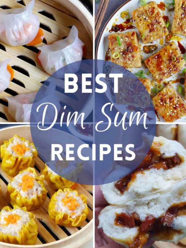 A collage of four dim sum dishes with overlay text that says best dim sum recipes.