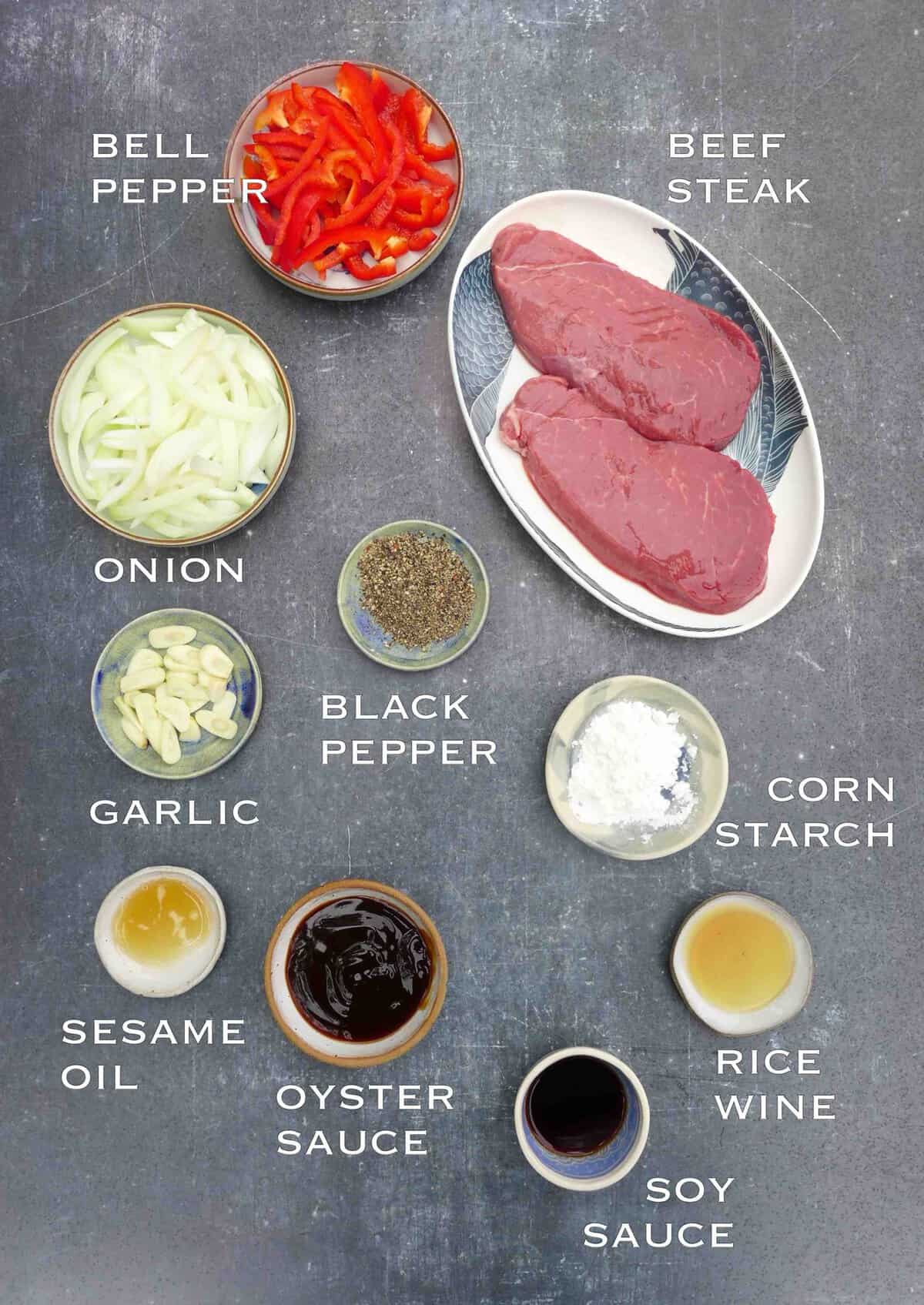 ingredients for black pepper beef stir-fry.