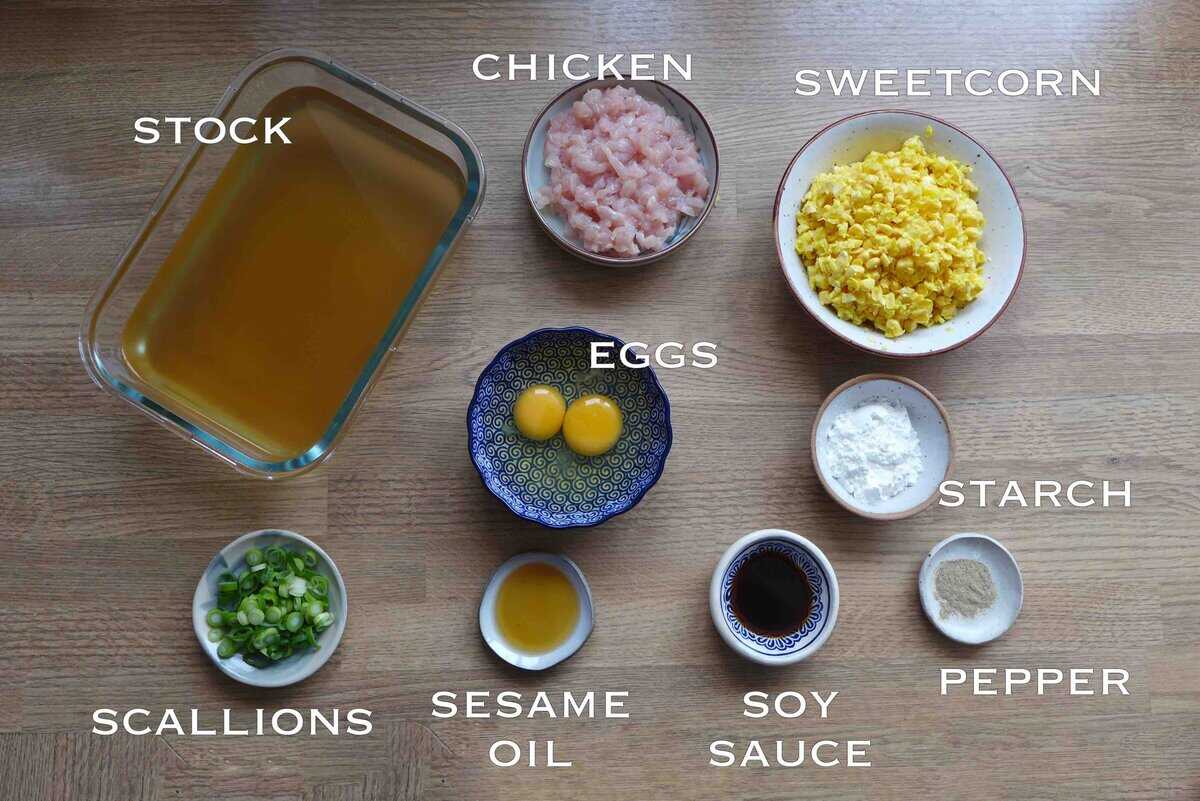 ingredients for making chicken corn soup.