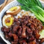 A bowl of Taiwanese Lu Rou Fan with overlay text that says pork belly rice bowl.