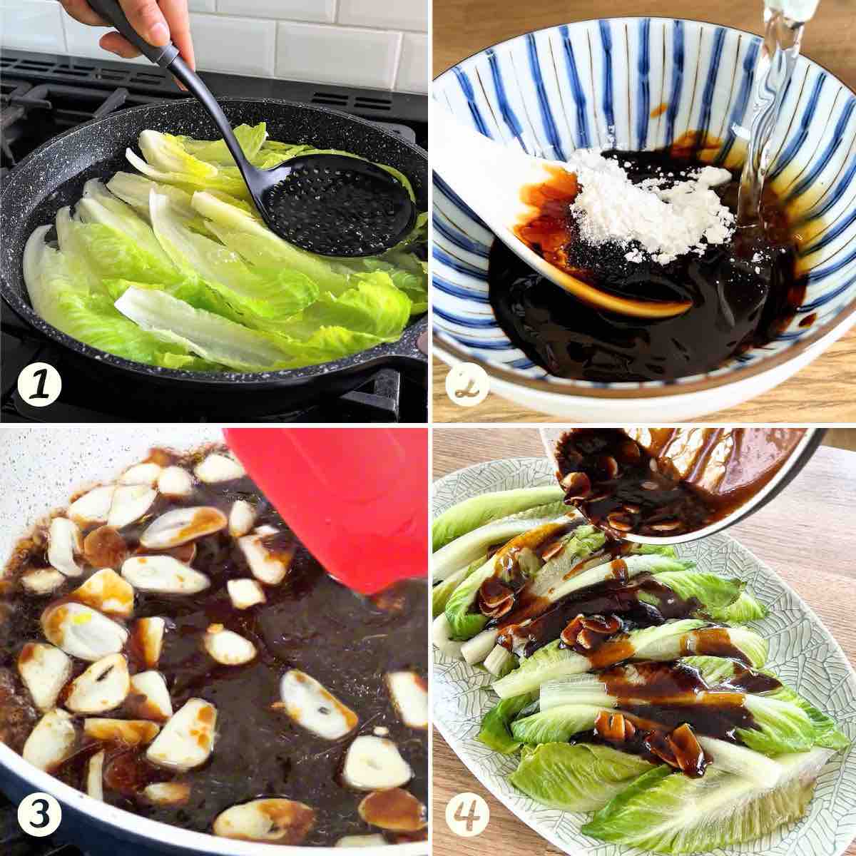 a collage of four pictures showing the procedure of making oyster sauce lettuce.
