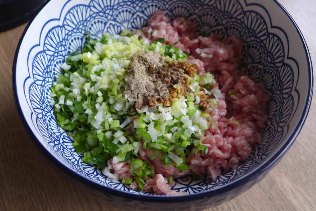 ground meat, scallions and seasonings.