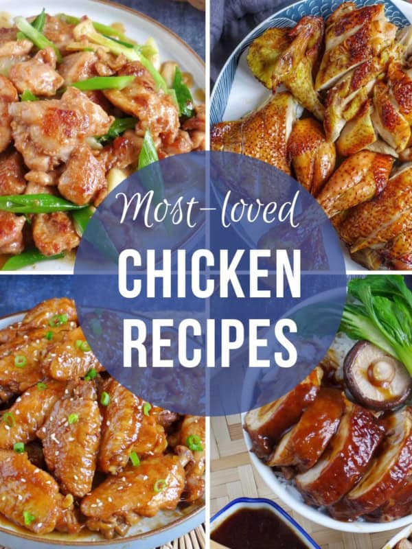 a collage of four images featuring chicken dishes with overlay text that says most-loved chicken recipes.