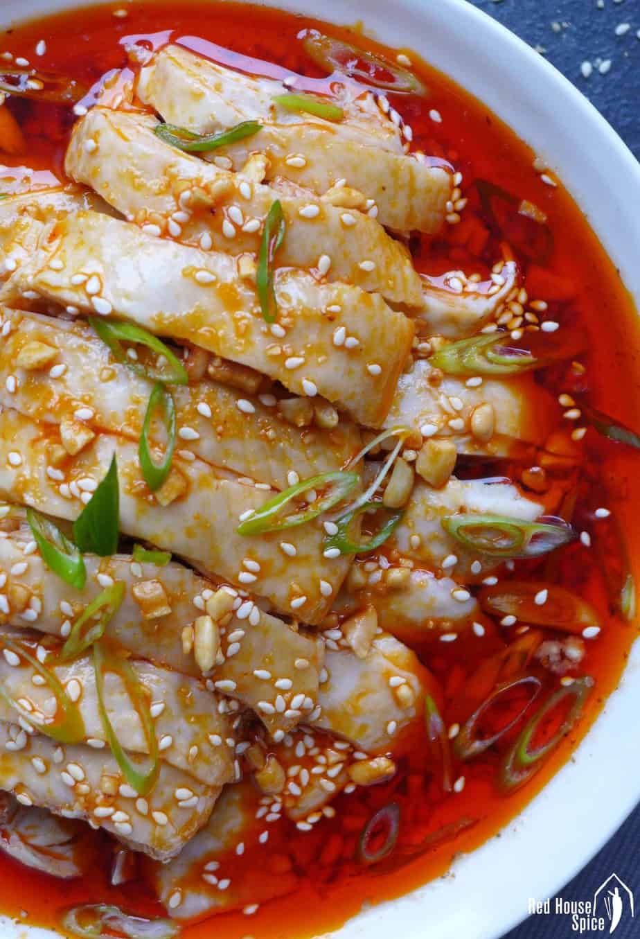 Sichuan chicken salad with chilli oil.