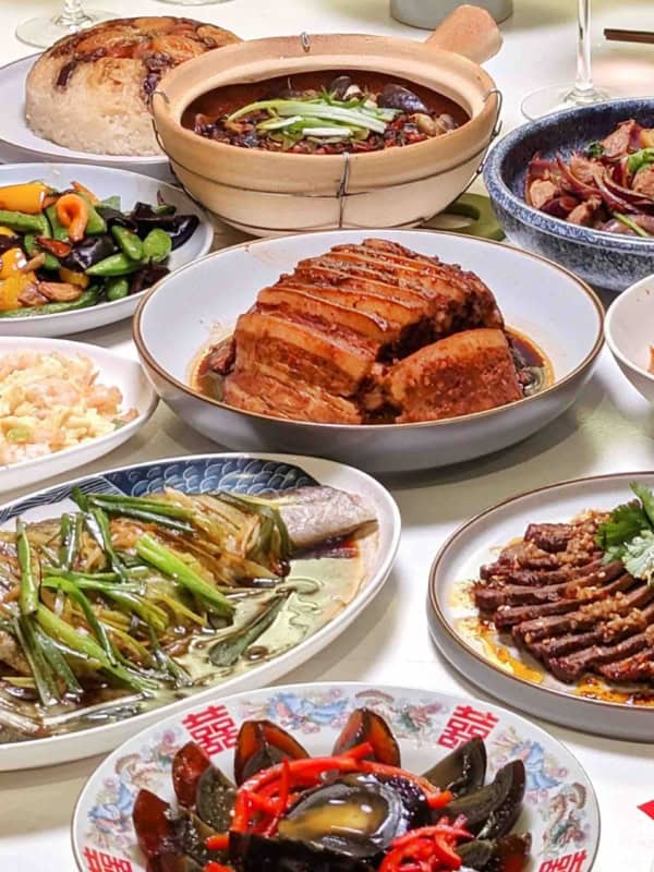 A multi-dish Chinese meal.