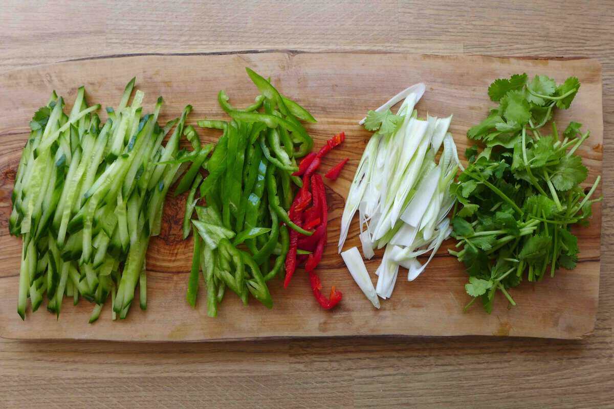 vegetables cut into thin strips.