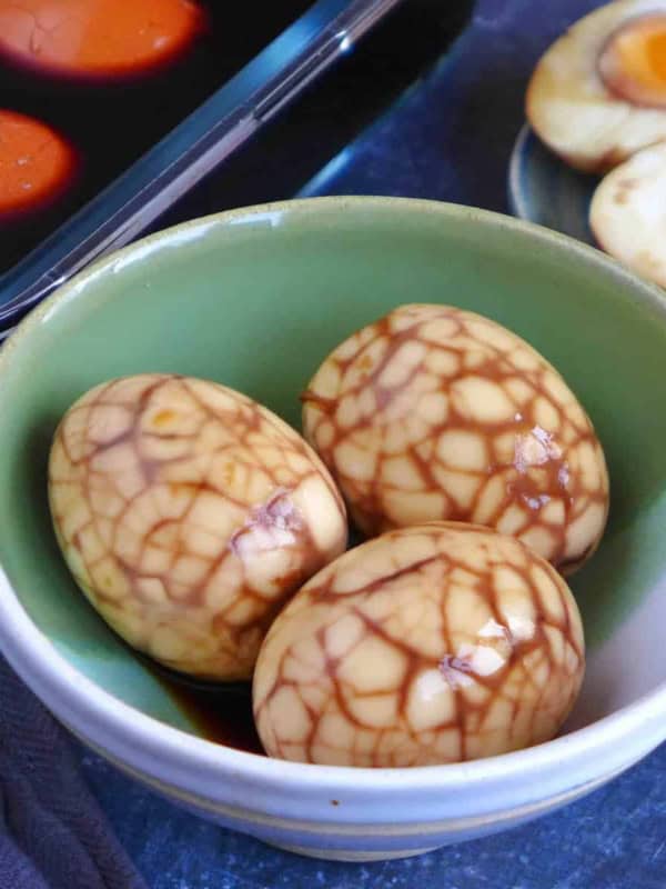 Chinese tea eggs with marble pattern.