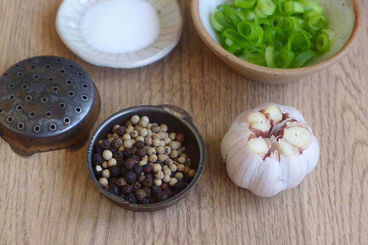 peppercorns and garlic.