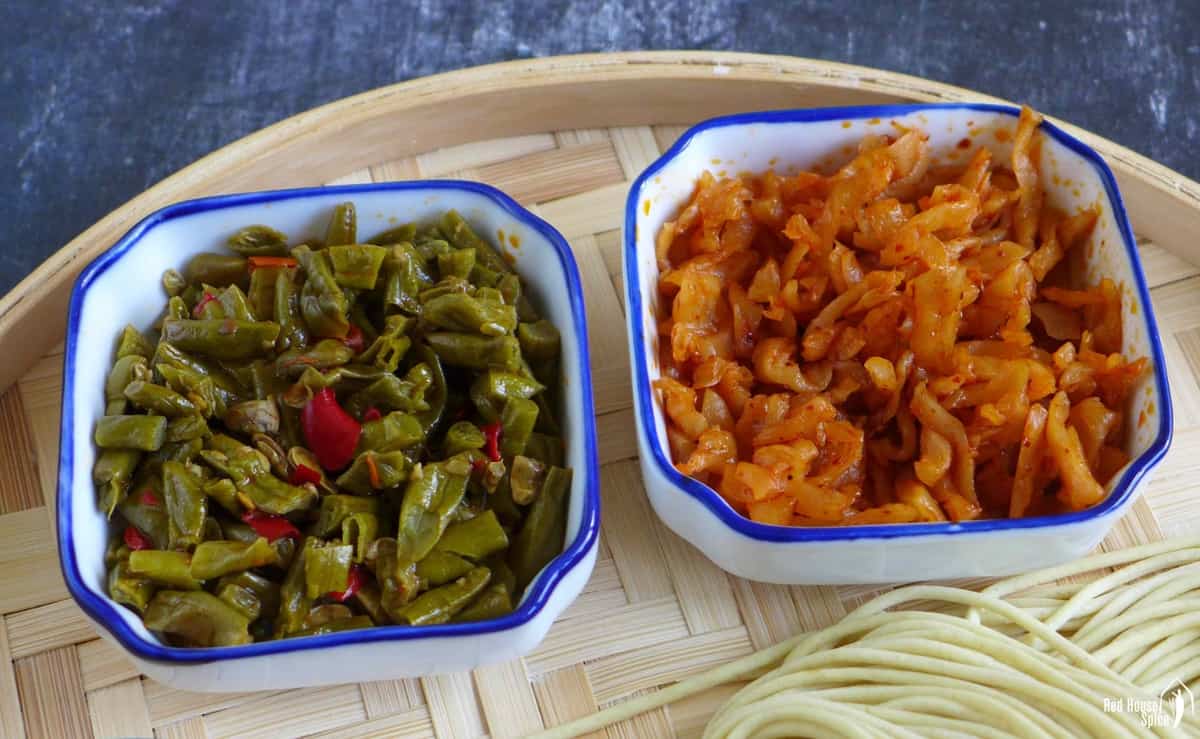 pickled long beans and preserved daikon radish.