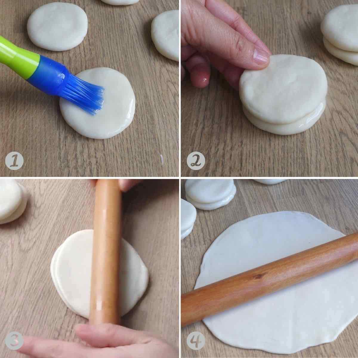 Stacking up and rolling two pancakes