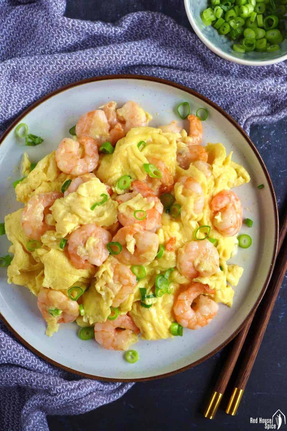 A plate of shrimp and egg stir-fry