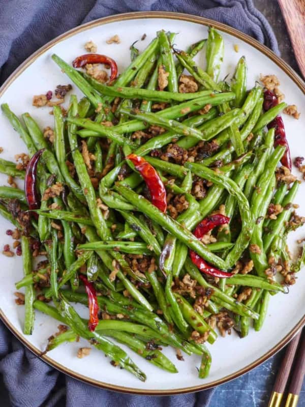A plate of dry fried green beans