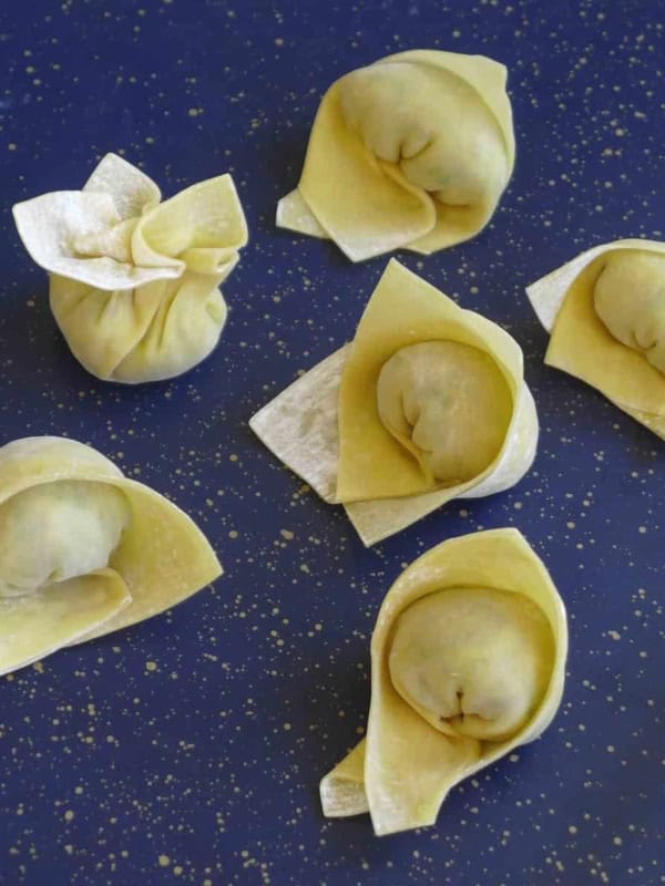 six wontons folded in different ways.