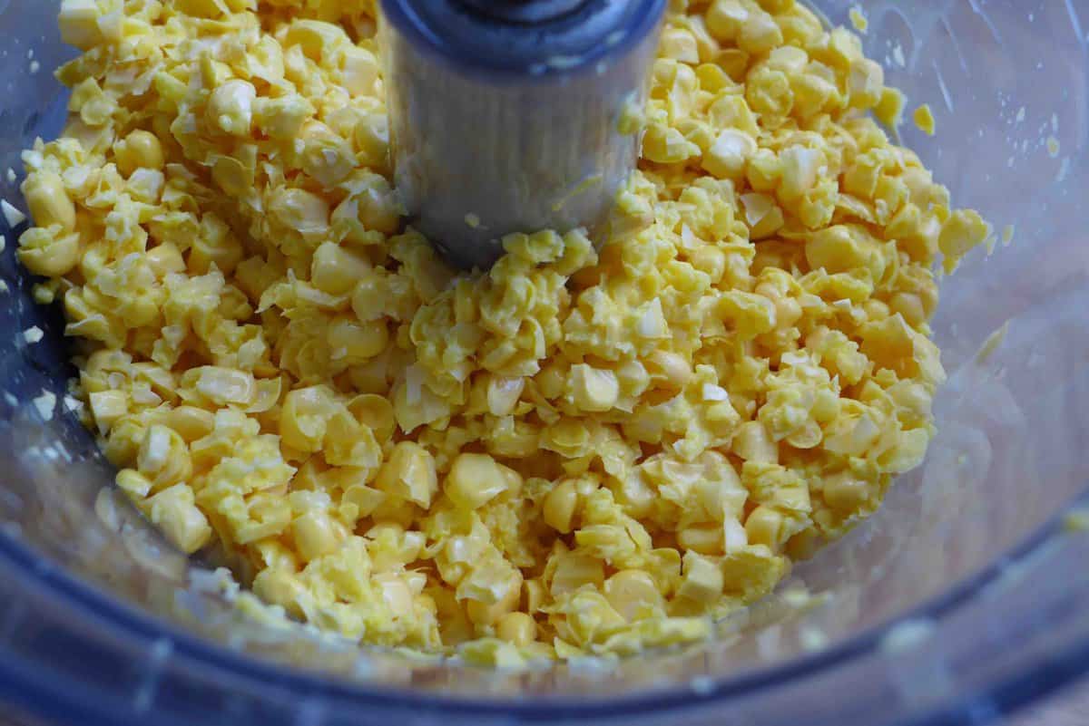 sweetcorn kernels in a food processor.