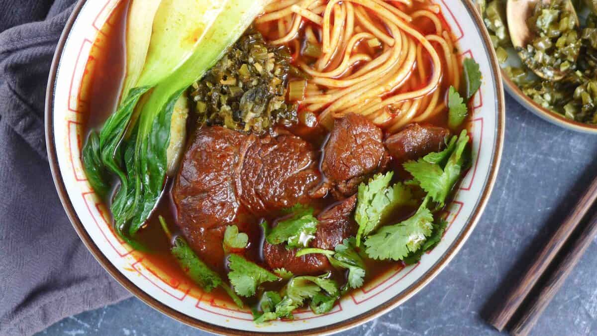 a bowl of Taiwanese beef noodle soup.