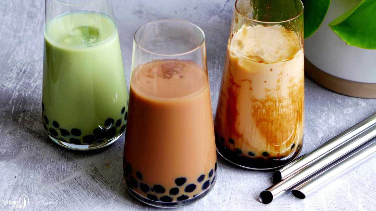 classic bubble tea, brown sugar bubble tea and matcha bubble tea.