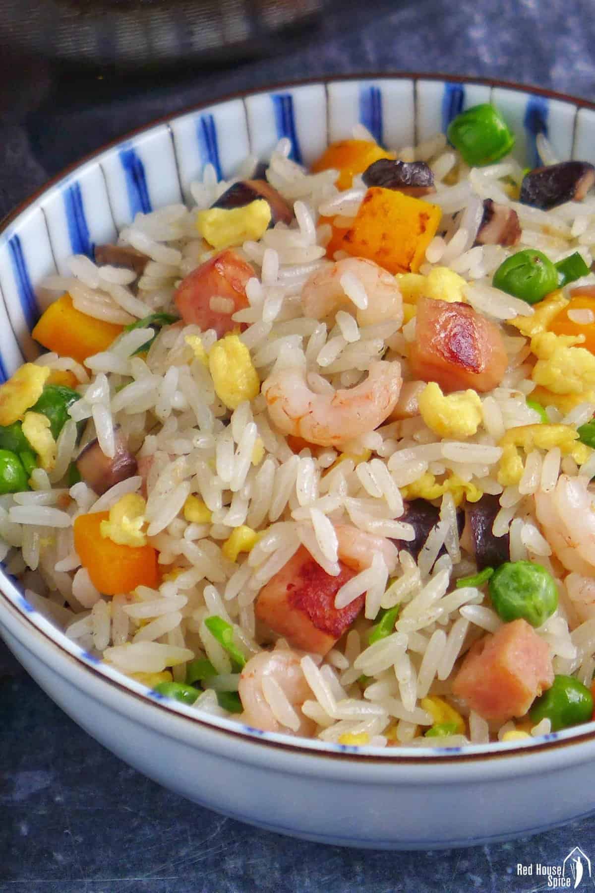 Yanzhou fried rice in a bowl.